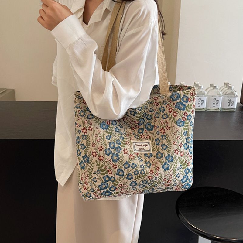 Flower-Patterned Large-Capacity Canvas Bag New Fashionable Style Trendy And Versatile Single-Shoulder Handbag Sturdy Beautiful Practical Quality Handbag