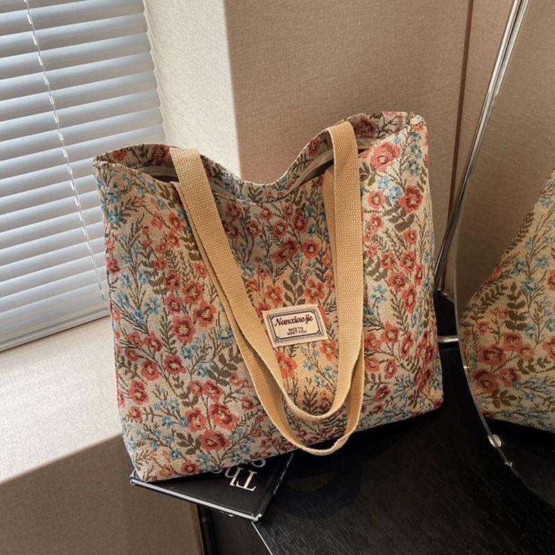 Flower-Patterned Large-Capacity Canvas Bag New Fashionable Style Trendy And Versatile Single-Shoulder Handbag Sturdy Beautiful Practical Quality Handbag