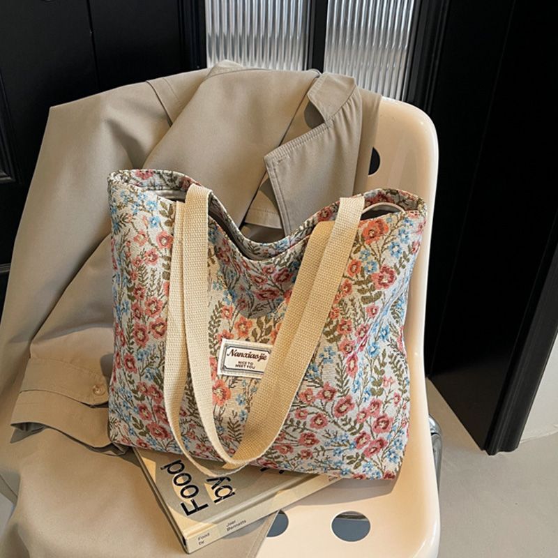 Flower-Patterned Large-Capacity Canvas Bag New Fashionable Style Trendy And Versatile Single-Shoulder Handbag Sturdy Beautiful Practical Quality Handbag