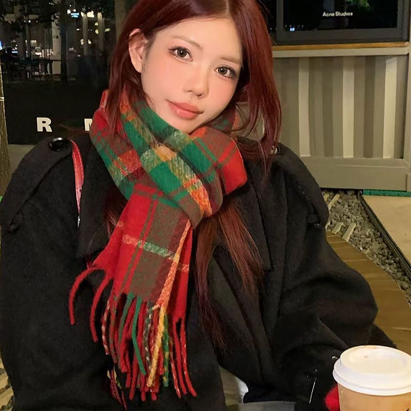 High-Quality Cashmere Feel Autumn And Winter New Year Plaid Scarf Comfortable To Touch Women's Imitation Cashmere Ankora Red Scarf Shawl Scarves