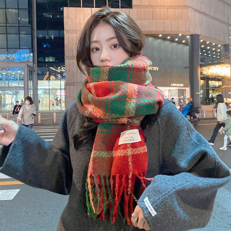 High-Quality Cashmere Feel Autumn And Winter New Year Plaid Scarf Comfortable To Touch Women's Imitation Cashmere Ankora Red Scarf Shawl Scarves