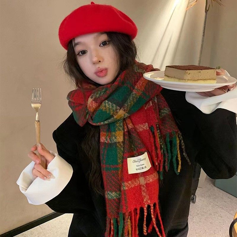 High-Quality Cashmere Feel Autumn And Winter New Year Plaid Scarf Comfortable To Touch Women's Imitation Cashmere Ankora Red Scarf Shawl Scarves