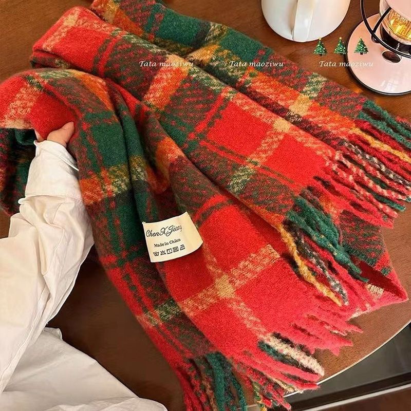 High-Quality Cashmere Feel Autumn And Winter New Year Plaid Scarf Comfortable To Touch Women's Imitation Cashmere Ankora Red Scarf Shawl Scarves