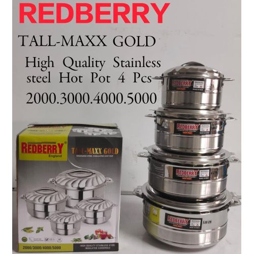 4 pcs Redberry Tall Maxx Gold Premier Range of Insulated Stainless Steel Hotpots Serving Dish Hot Pot Sereware Set Casserole Hotpot (2000, 3000, 4000 and 5000ML)