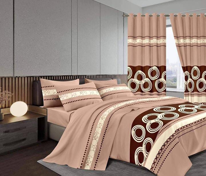 7 pcs of 6*6 Curtain duvets set  comes as 1pc of Woolen Duvet, 1 Pair Ring Curtain, 2pcs of Bedsheets and 2pcs of Pillow Cases Bedding Set