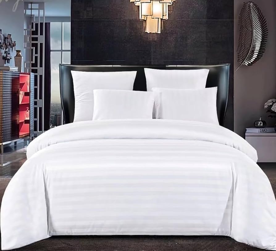 6pcs White stripped Cotton Duvet Cover Set comes as 1pc Duvet Cover, 1pc Bedsheet and 4pcs Pillow Cases Bedding Set