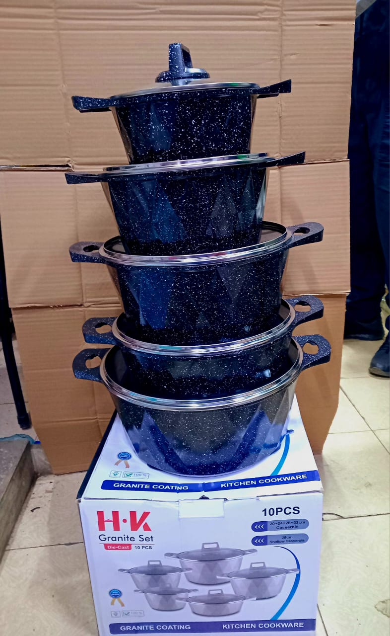 HK 10 Pcs Granite Coated, Non-Stick CookWare Set Pots Sufuria 5 pots and 5 Lids Cookware Set