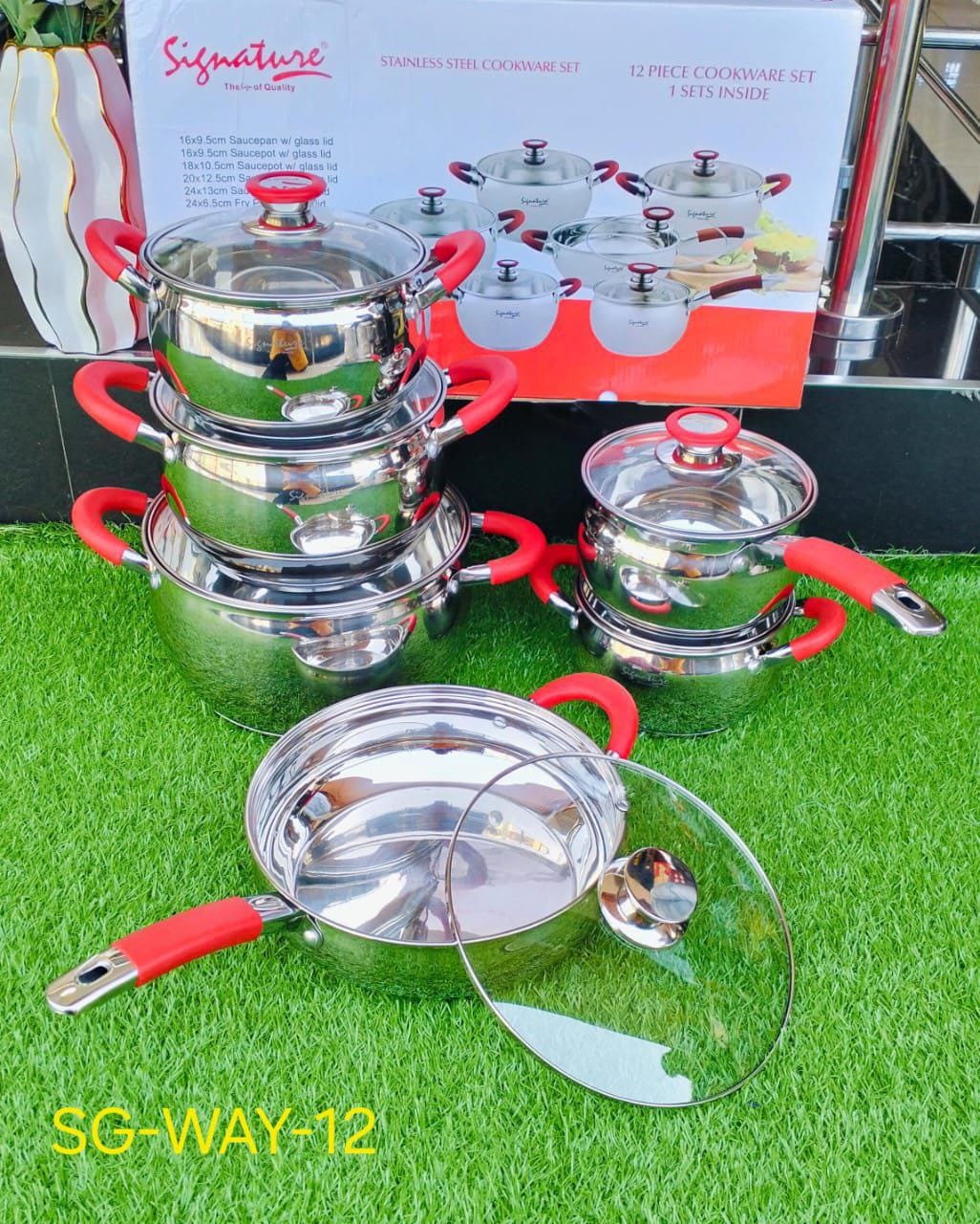 Signature 12 pcs Induction Base Stainless Steel Cookware set with Glass Lid SG-WAY-12 Cooking Pots Sufurias