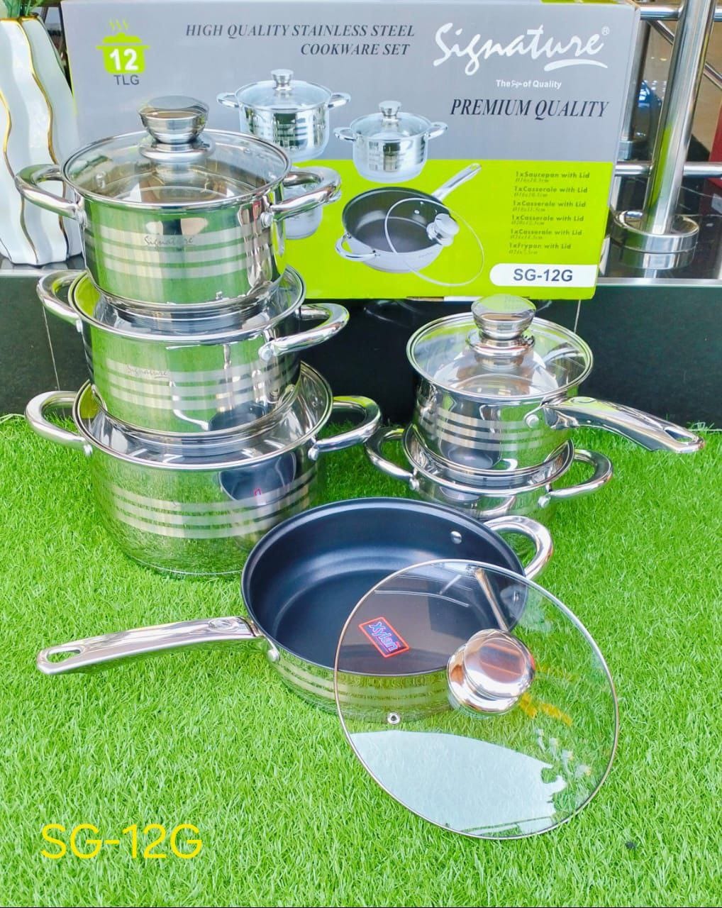 Signature 12 pcs Induction Base Stainless Steel Cookware set with Glass Lid and Nonstick Pan 
ST-12G Sufurias Cooking Pots
