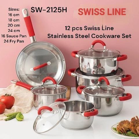 Signatures 12 pcs Swiss Line Stainless Steel Cookware Set with Glass Lid 
(SW-2125H) Cooking Pots Sufurias