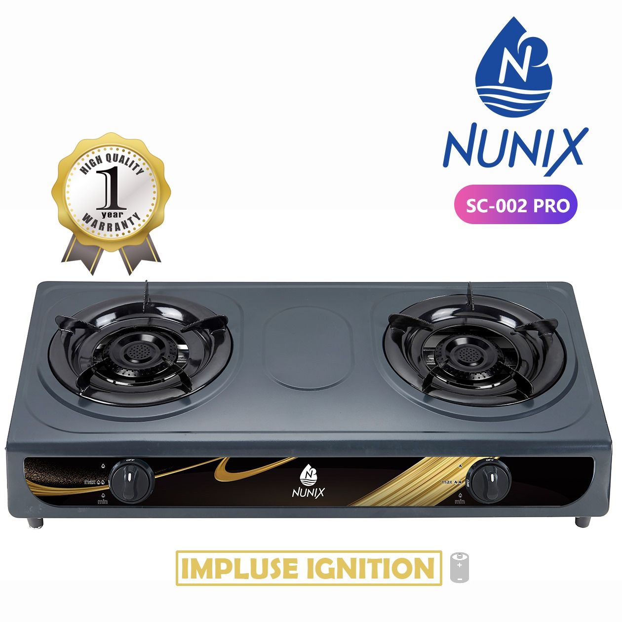 Nunix 2 Burner Stainless Steel Table top Gas Stove with free battery  Impulse Ignition Double Burner Saving Gas cooker