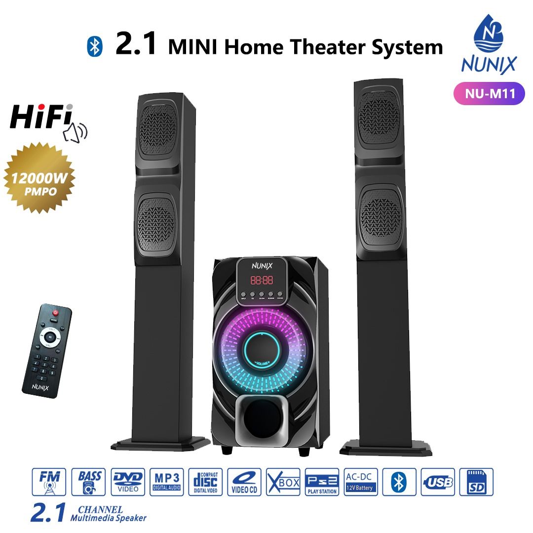 Nunix new model  NU-M11 12,000W PMPO OUTPUT  2.1CH Mini Home Theater  MULTIMEDIA WOOFER SYSTEM WITH 2 TALL Boys SPEAKERS SUBWOOFER