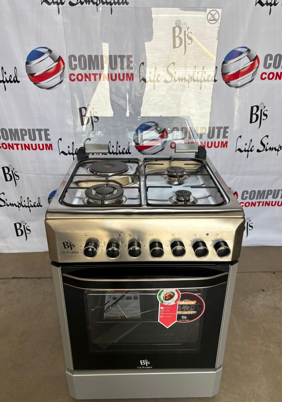 BJS Excellence 3+1 Gas Burner 60*60  Triplet Ring Burner and One Hotplate 1500W with Rotisserie Function and Blue-enamel-coated oven Gas Cooker