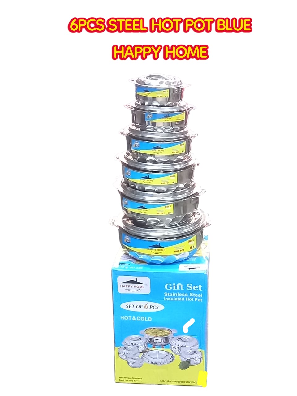 6pcs  Happy Home  Premier Range of Stainless Steel   Hotpots Serving Dish  Casserole Set Hot Pot Serveware Set Serve or Keep Food Hot or Cold Size 500/1500/2500/5000/7500/10000ml