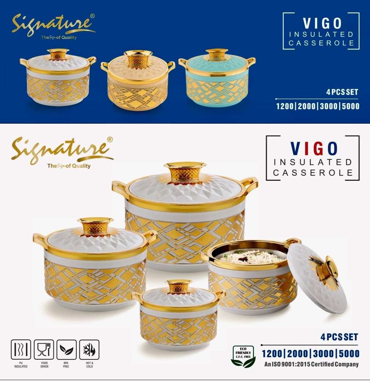 4 pcs Signature Vigo Insulated Hotpots Serving Dish Big Casserole Set Hot Pot Serveware Set Serve or Keep Food Hot or Cold Size 1200/2000/3000/5000ml