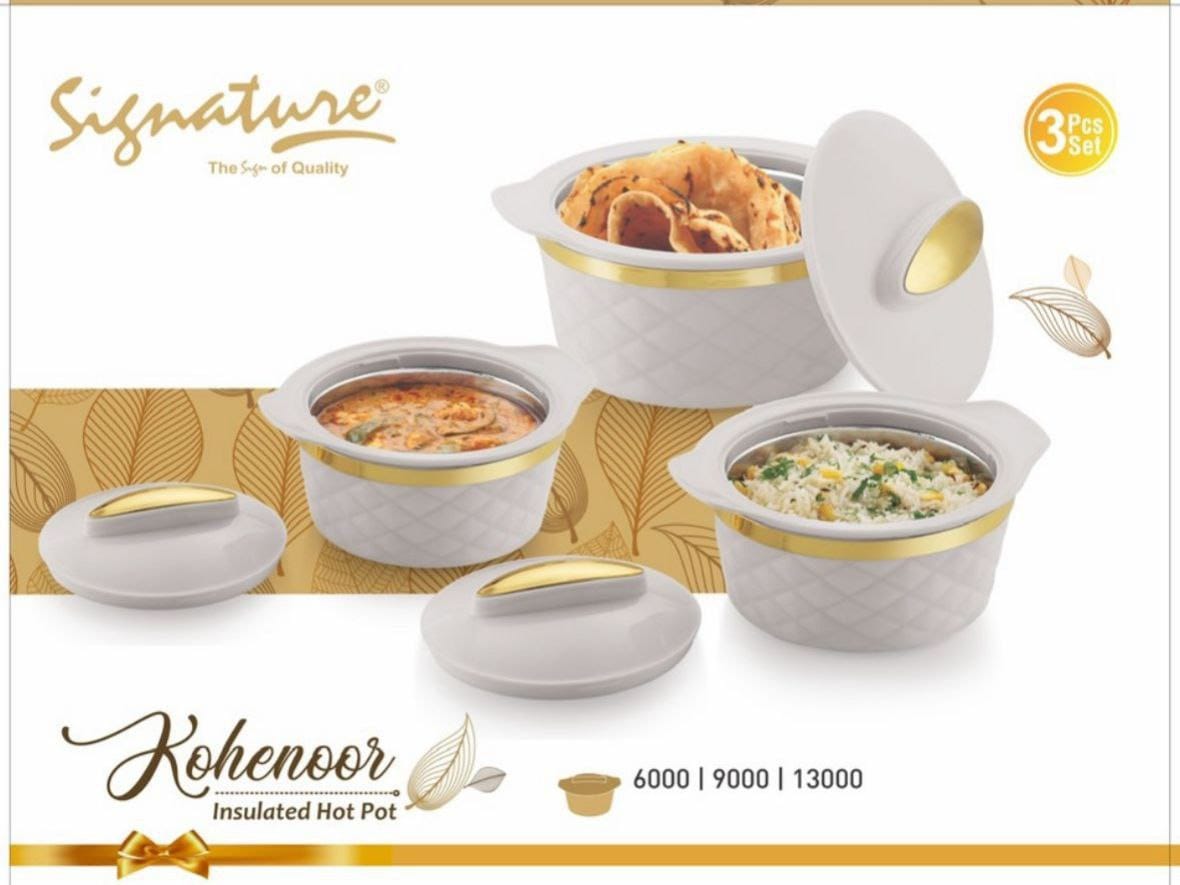 3 pcs Signature kohenoor Insulated Hotpots Serving Dish Big Casserole Set Hot Pot Serveware Set Serve or Keep Food Hot or Cold Size 6000/9000/13000 ML