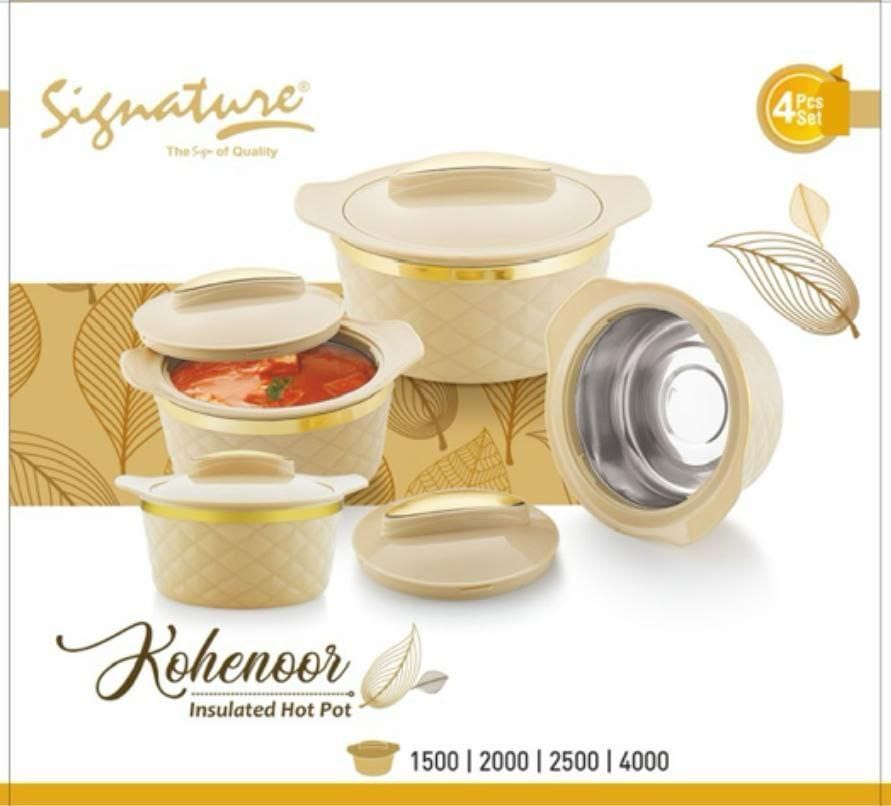 4 pcs Signature kohenoor Insulated Hotpots Serving Dish Big Casserole Set Hot Pot Serveware Set Serve or Keep Food Hot or Cold Size 1500/2000/2500/4000ML