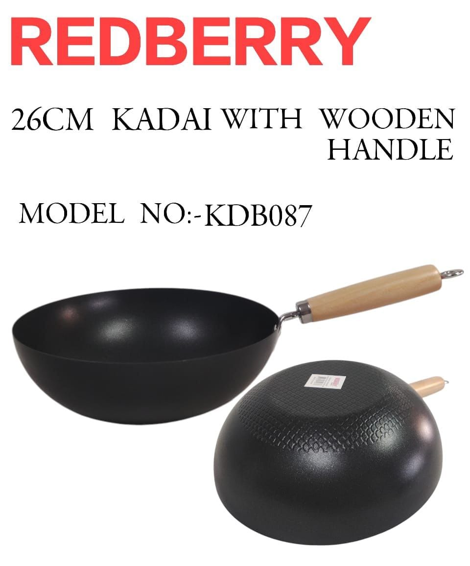 Redberry Premium Range of Woks Pan, Steel Deep Fry Pan Kadai with Wooden Handle