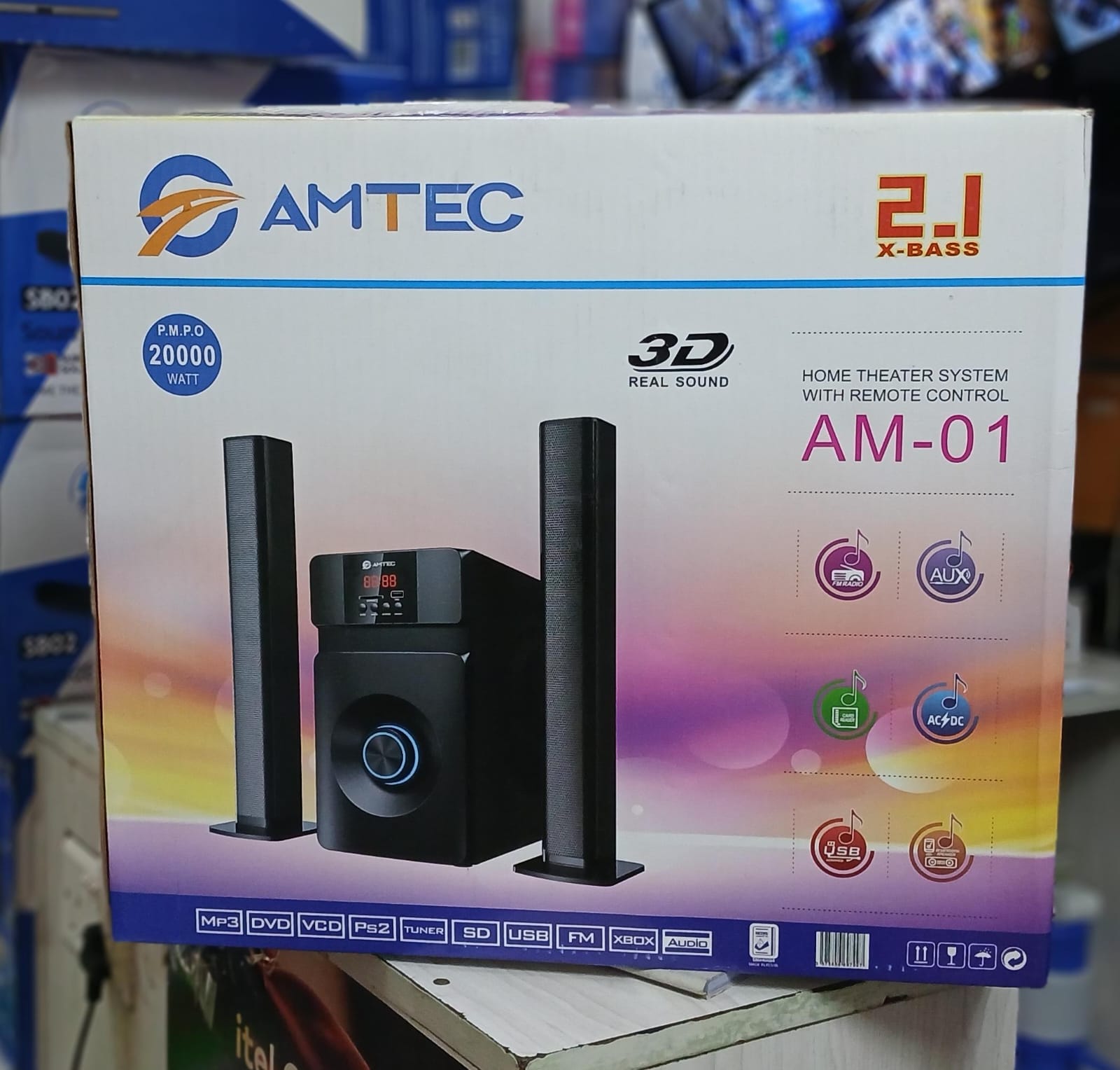 Amtec AM-01 2.1CH Soundbar With 3D Real sound Home Theater System Extra Bass Sub Woofer Sound System Fm/Bt/Usb/Sd 20000w PMPO