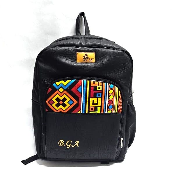 striking black leather backpack, a fusion of modern sophistication and vibrant cultural flair. This unique accessory is designed for the contemporary