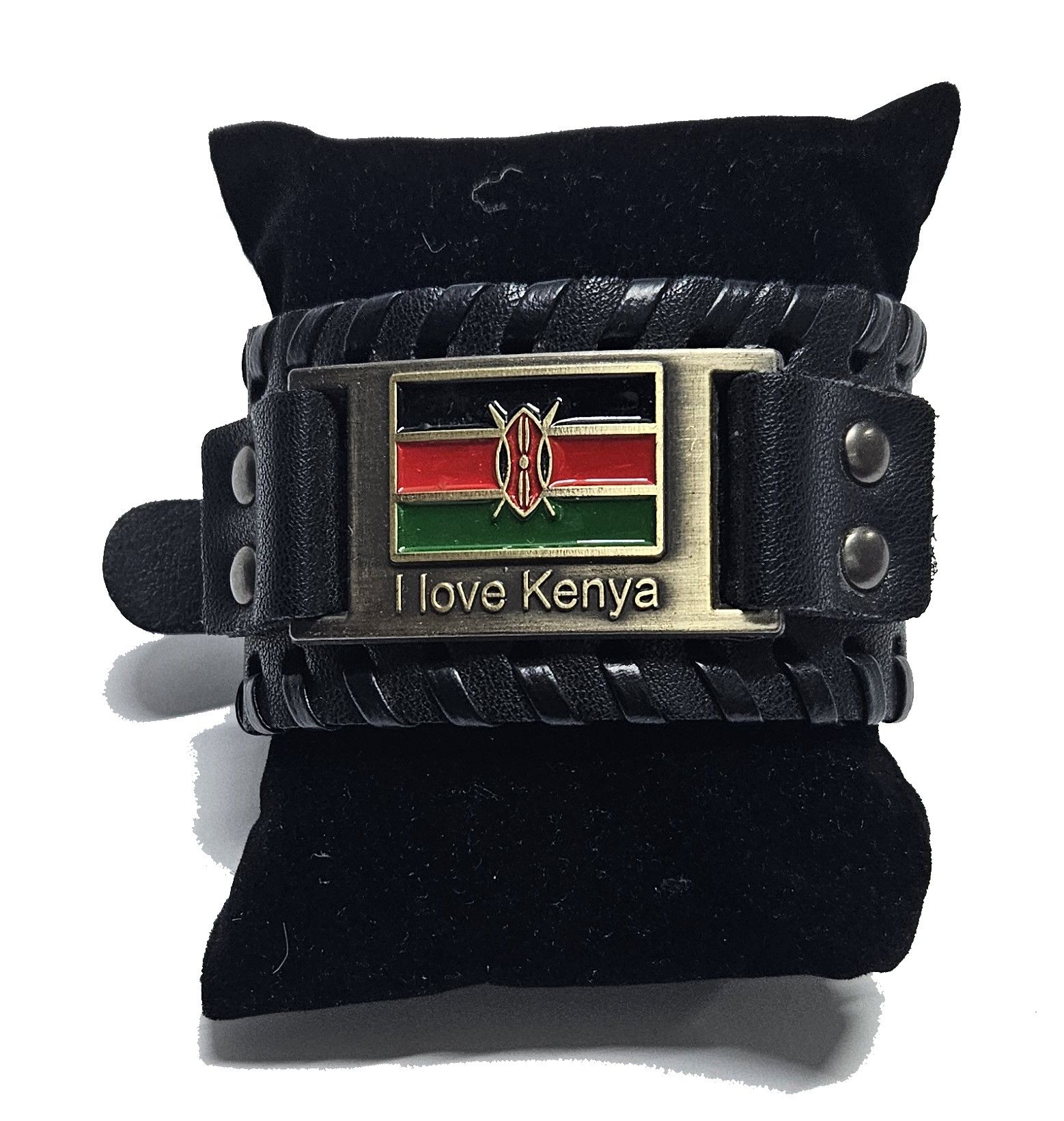 A thick leather engraved bracelet for men with a decoration of the "I Love Kenya