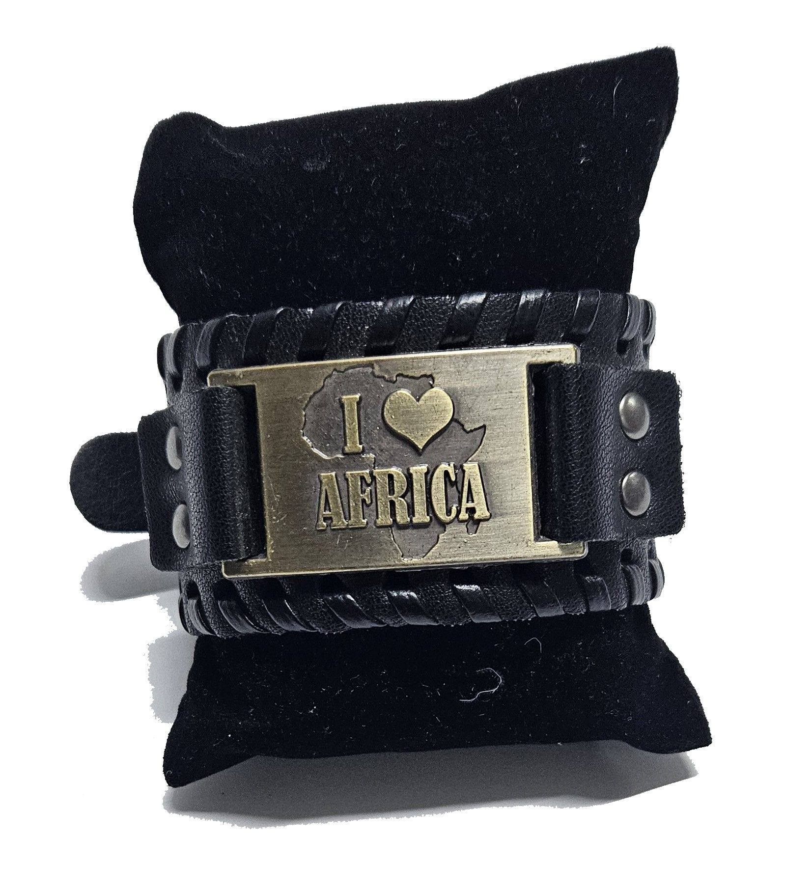 A leather engraved men's bracelet featuring the phrase "I Love Africa"