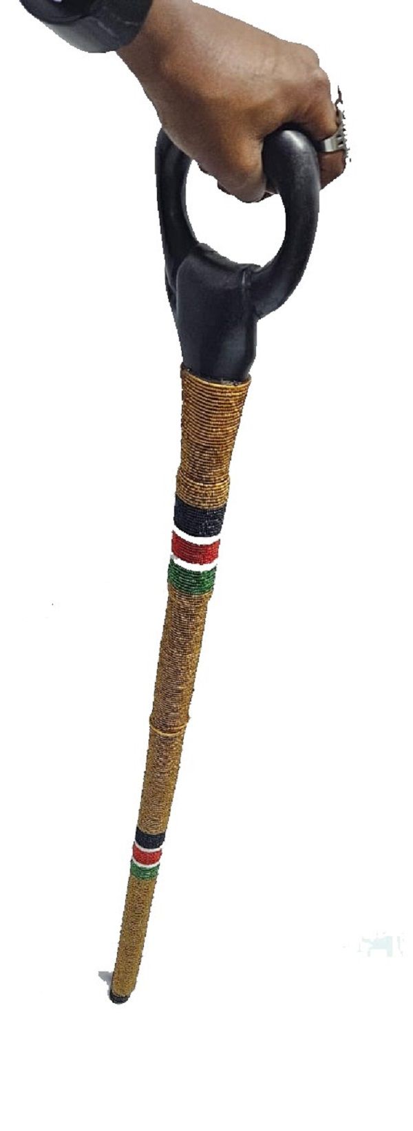 A  black wooden  gold,red, white, black and green beaded walking stick having a circle handle very fashionable to have