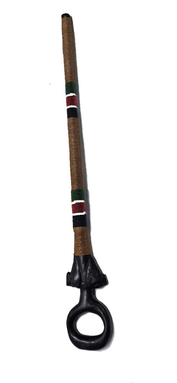 A black wooden beaded goldish, red ,white, black and green beads walking stick easy and comfortable to carry and is very fashionable