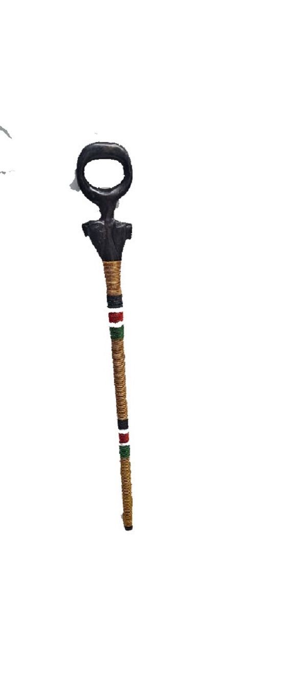 A black wooden beaded goldish, red ,white, black and green beads walking stick easy and comfortable to carry and is very fashionable