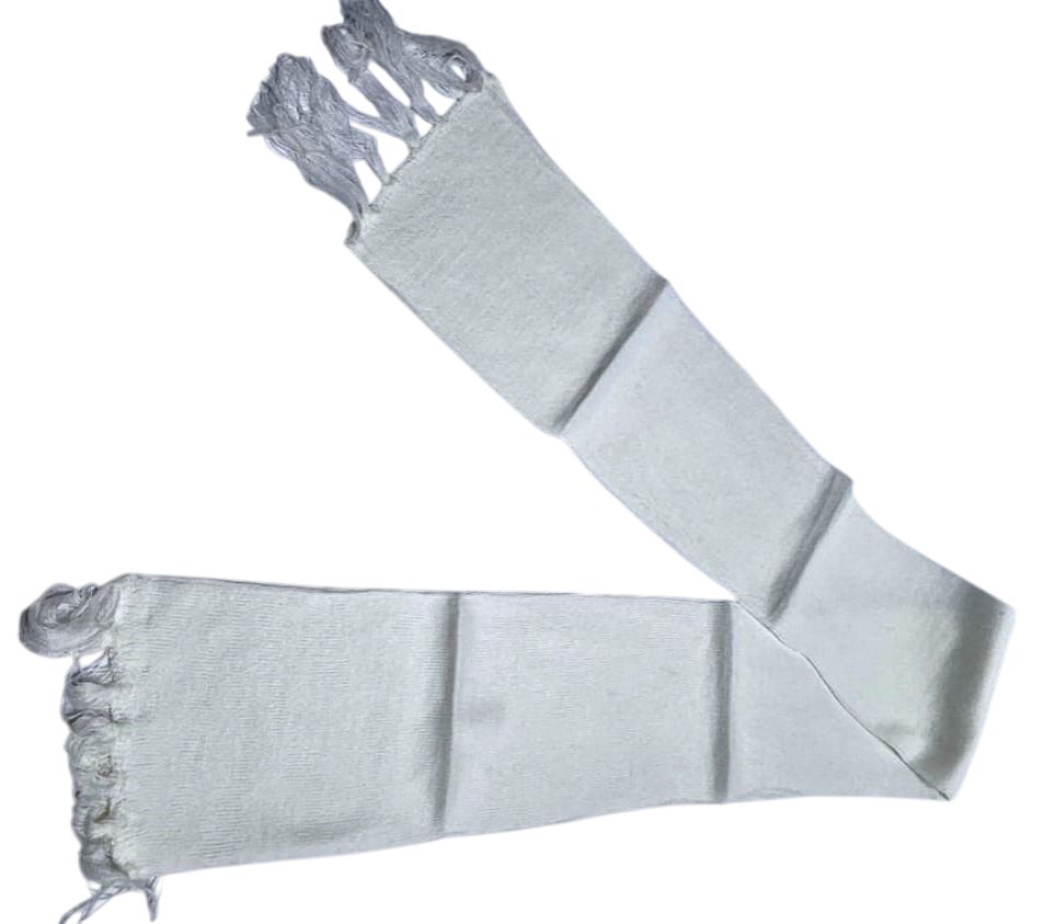 A white knitted scarf very warm and comfortable to have, readily available with affordable prices and is durable to have.