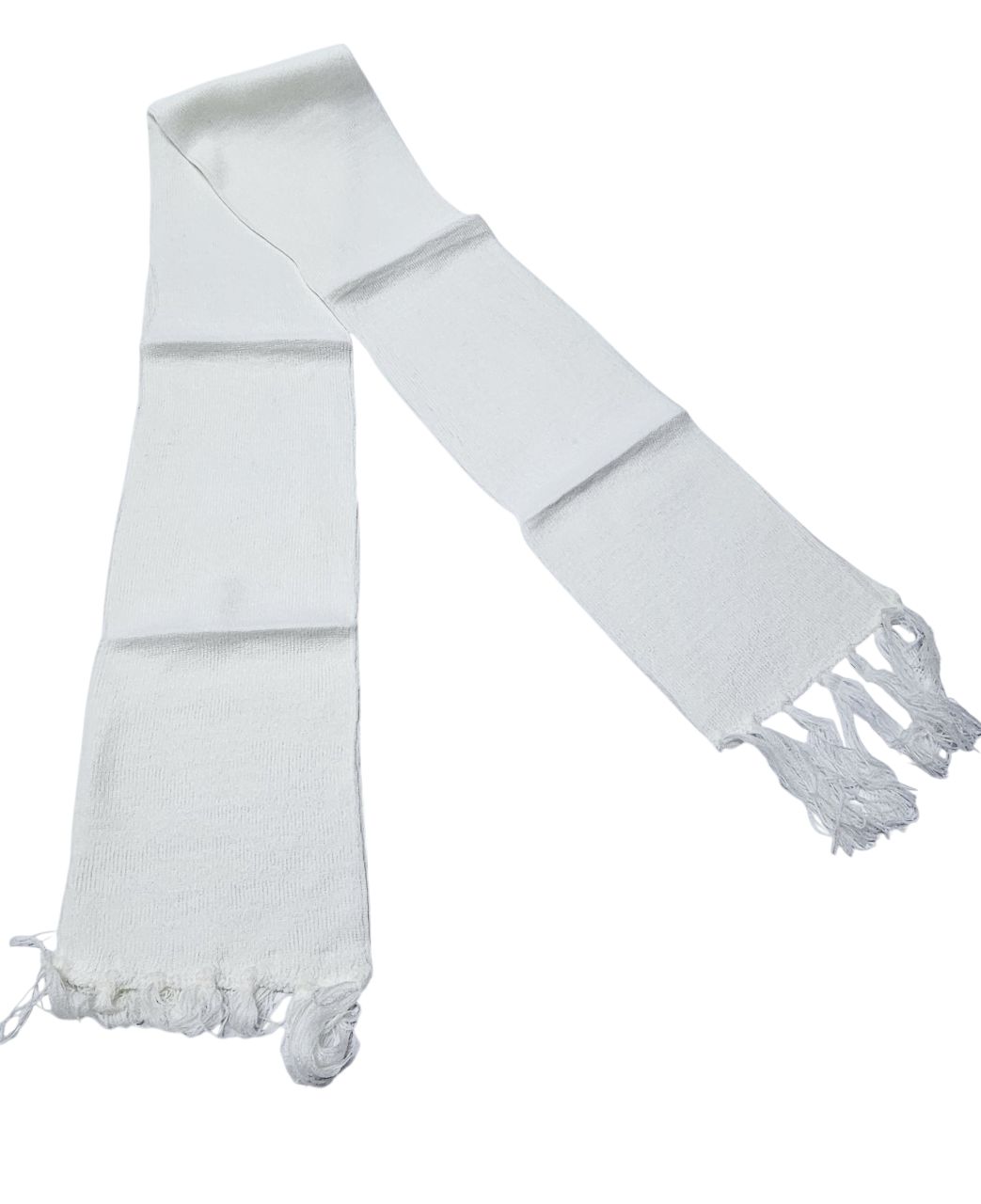 A white knitted scarf very warm and comfortable to have, readily available with affordable prices and is durable to have.