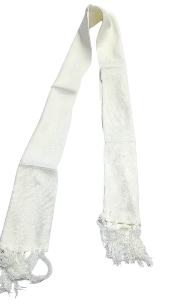A white knitted scarf very warm and comfortable to have, readily available with affordable prices and is durable to have.
