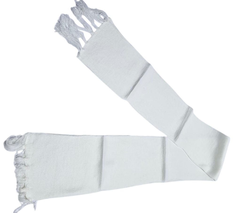 A white knitted scarf very warm and comfortable to have, readily available with affordable prices and is durable to have.