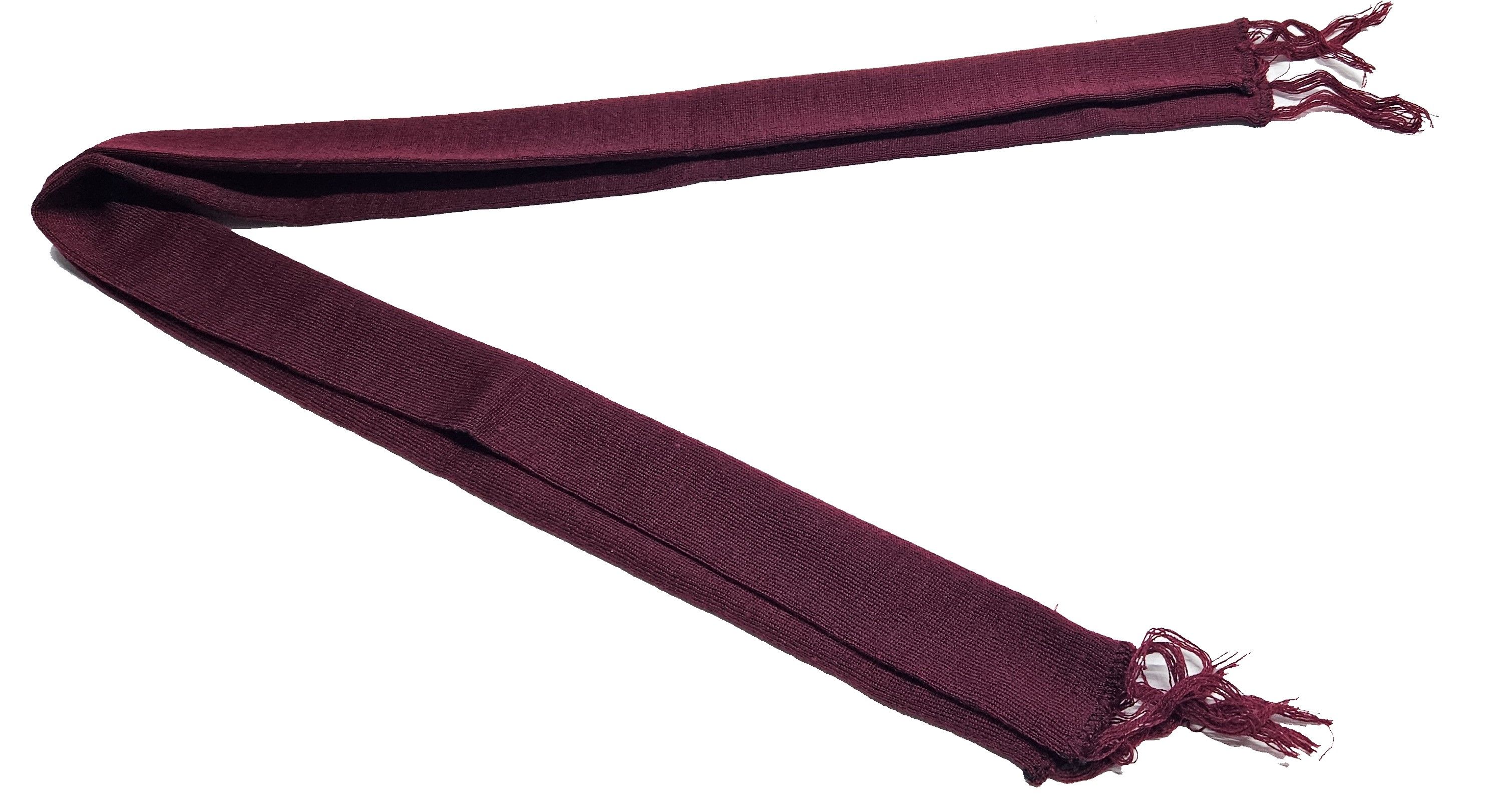 A maroon knitted scarf, very, warm, comfortable, easy, fashionable and durable to have during this cold season.