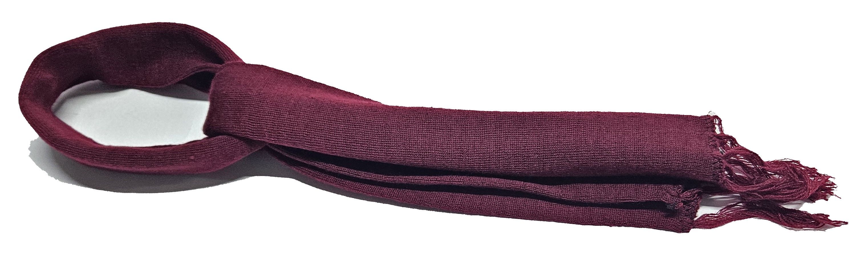 A maroon knitted scarf, very, warm, comfortable, easy, fashionable and durable to have during this cold season.