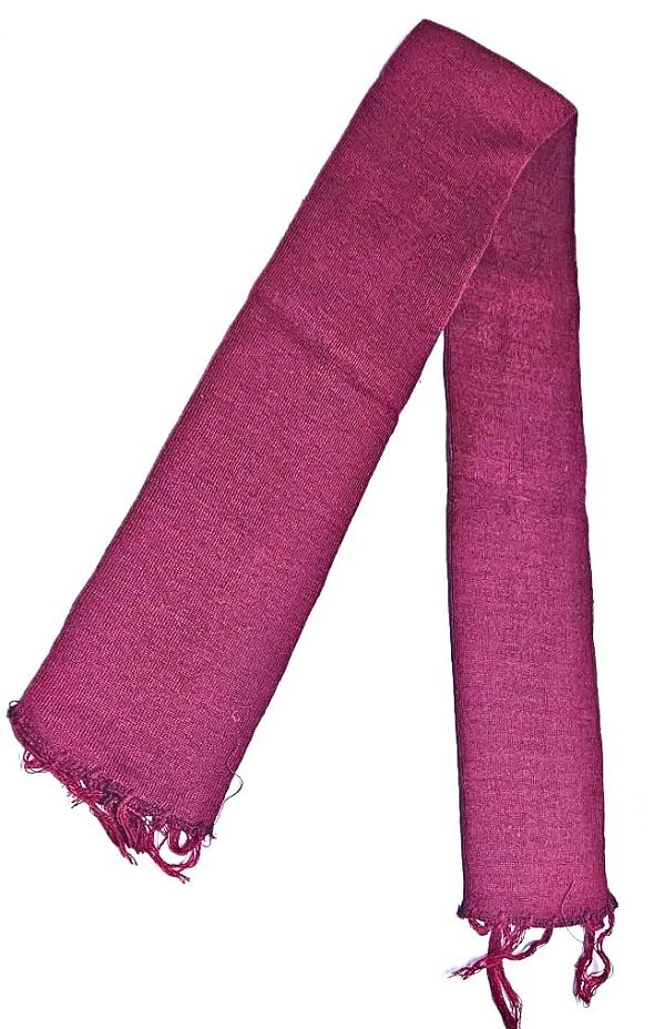 A maroon knitted scarf, very, warm, comfortable, easy, fashionable and durable to have during this cold season.
