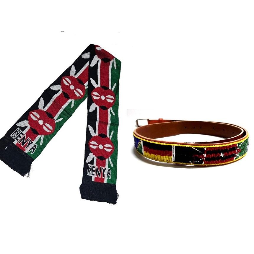 A Kenyan knitted scarf and a brown  beaded leather belt combo easy and comfortable and fashionable to have.