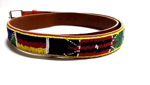 A Kenyan knitted scarf and a brown  beaded leather belt combo easy and comfortable and fashionable to have.