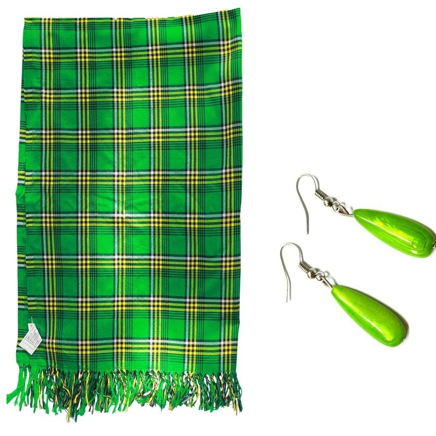 Ladies green shawl and a matching drop down earrings combo very comfortable and fashionable to have and are durable.