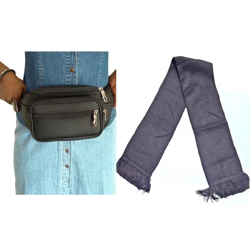 A black waist bag and a matching black knitted scarf  combo easy, comfortable, warm ,durable and fashionable to have.