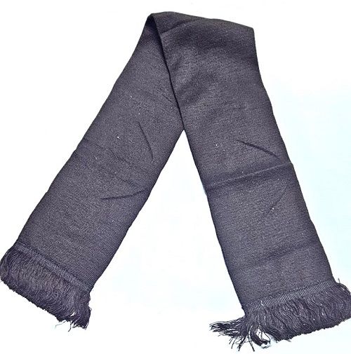 A black waist bag and a matching black knitted scarf  combo easy, comfortable, warm ,durable and fashionable to have.