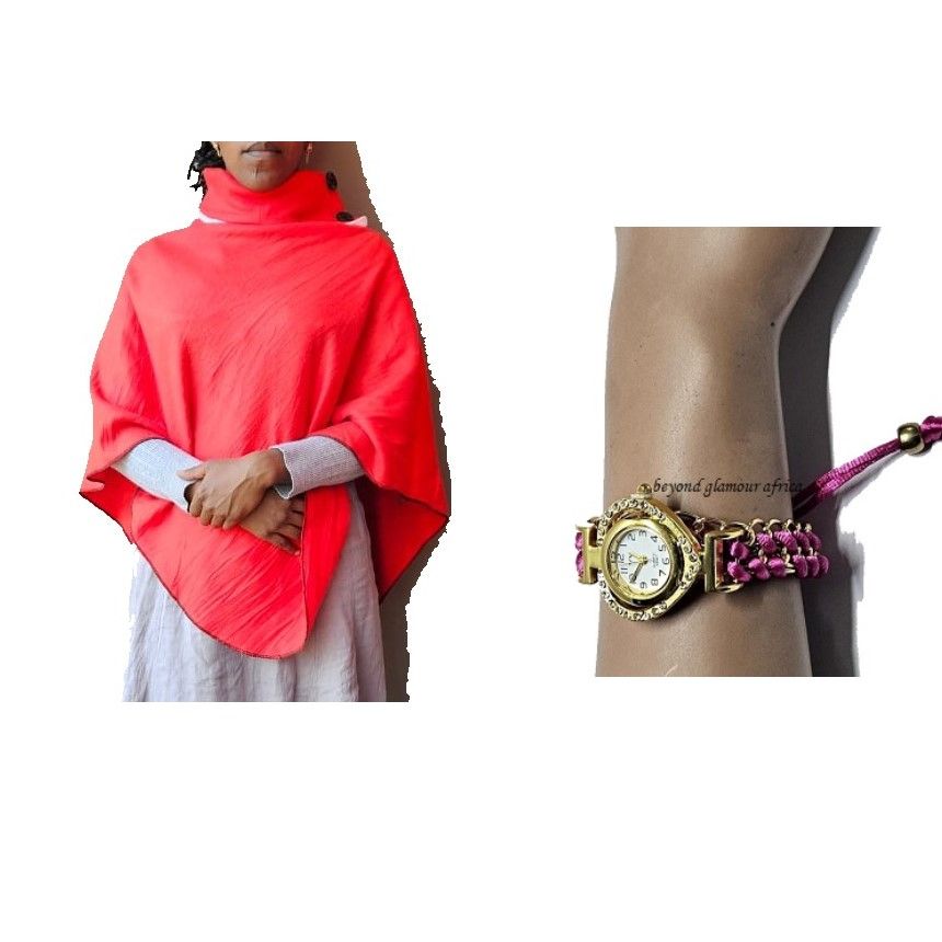 Ladies red poncho and pink wristwatch  combo very, fashionable , durable and comfortable  to have readily available