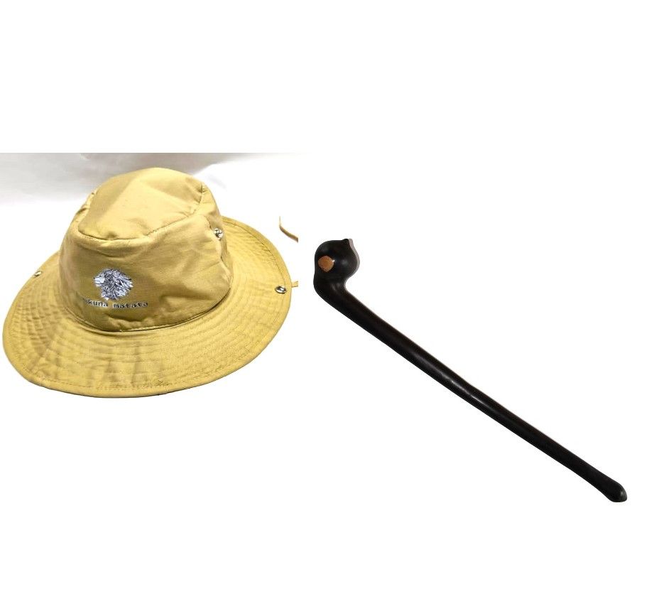A beige safari hat and a black wooden rungu  combo very fashionable, durable and comfortable to have