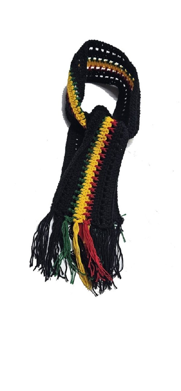 A multicolored knitted scarf and a ladies yellow purse combo very fashionable, durable and comfortable to have .
