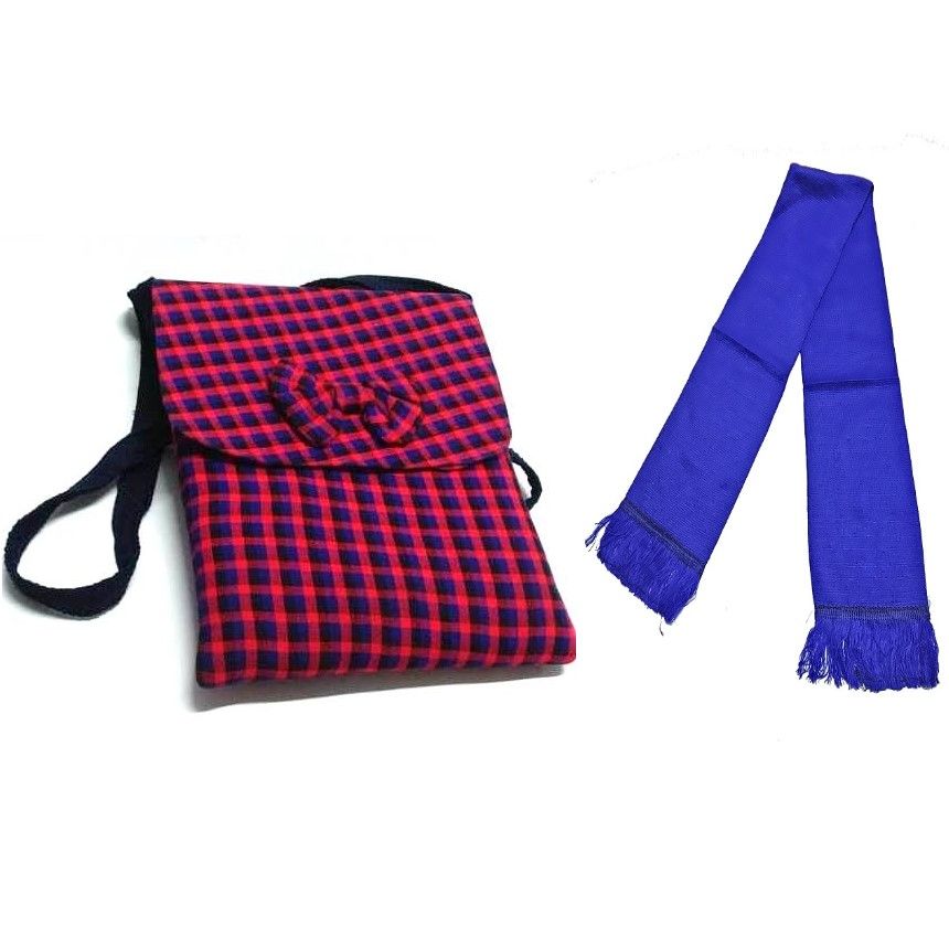 A blue pink sling bag and a blue knitted scarf very fashionable ,durable and comfortable to have.