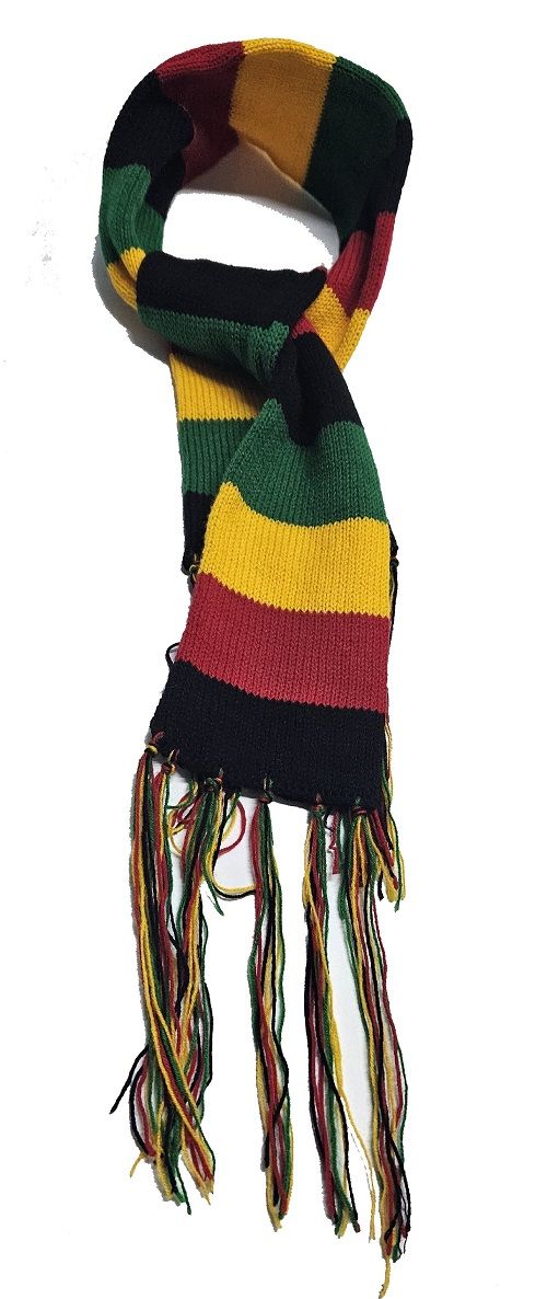 A brown number seven walking stick having a shock absorber and a knitted multicolored scarf combo fashionable to have