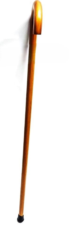 A brown number seven walking stick having a shock absorber and a knitted multicolored scarf combo fashionable to have