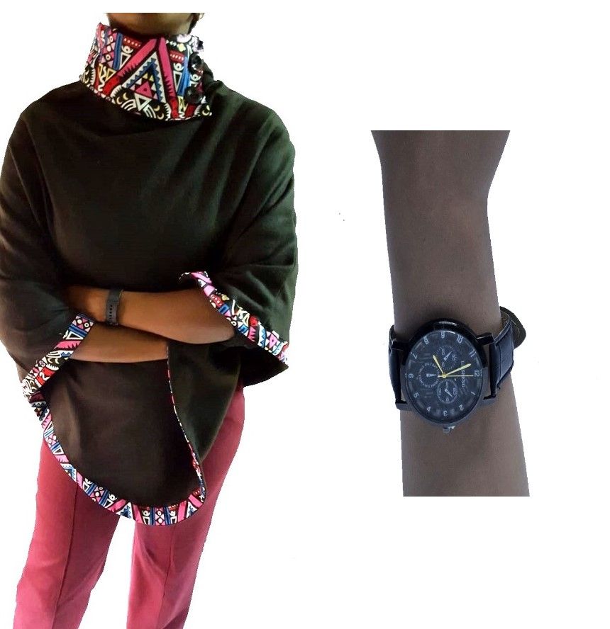 A black Ankara poncho and a black skeleton watch combo very fashionable, durable , and comfortable to have.