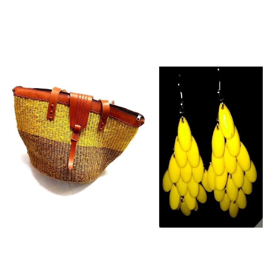 Ladies’ yellow African handcrafted sisal kyondo with leather straps and yellow crystal chandelier earrings combo very fashionable and durable .