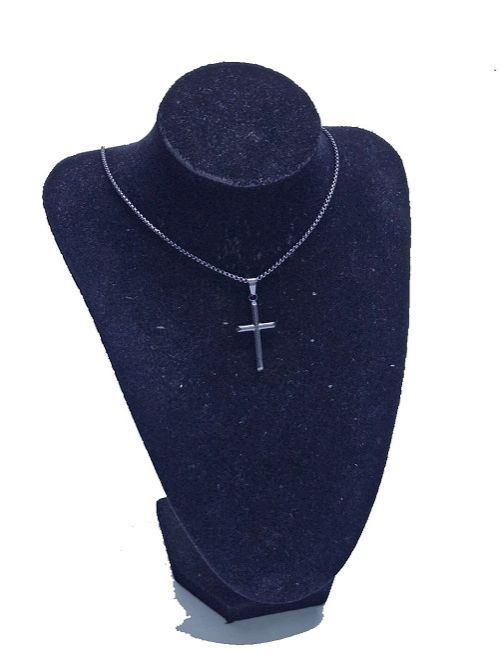 A black necklace with a crucifix pendant very fashionable, durable, easy and comfortable to wear and are readily available.